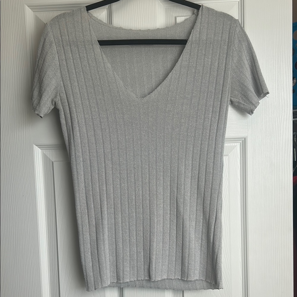 Zara Metallic Silver Ribbed V-Neck Short Sleeve Tee